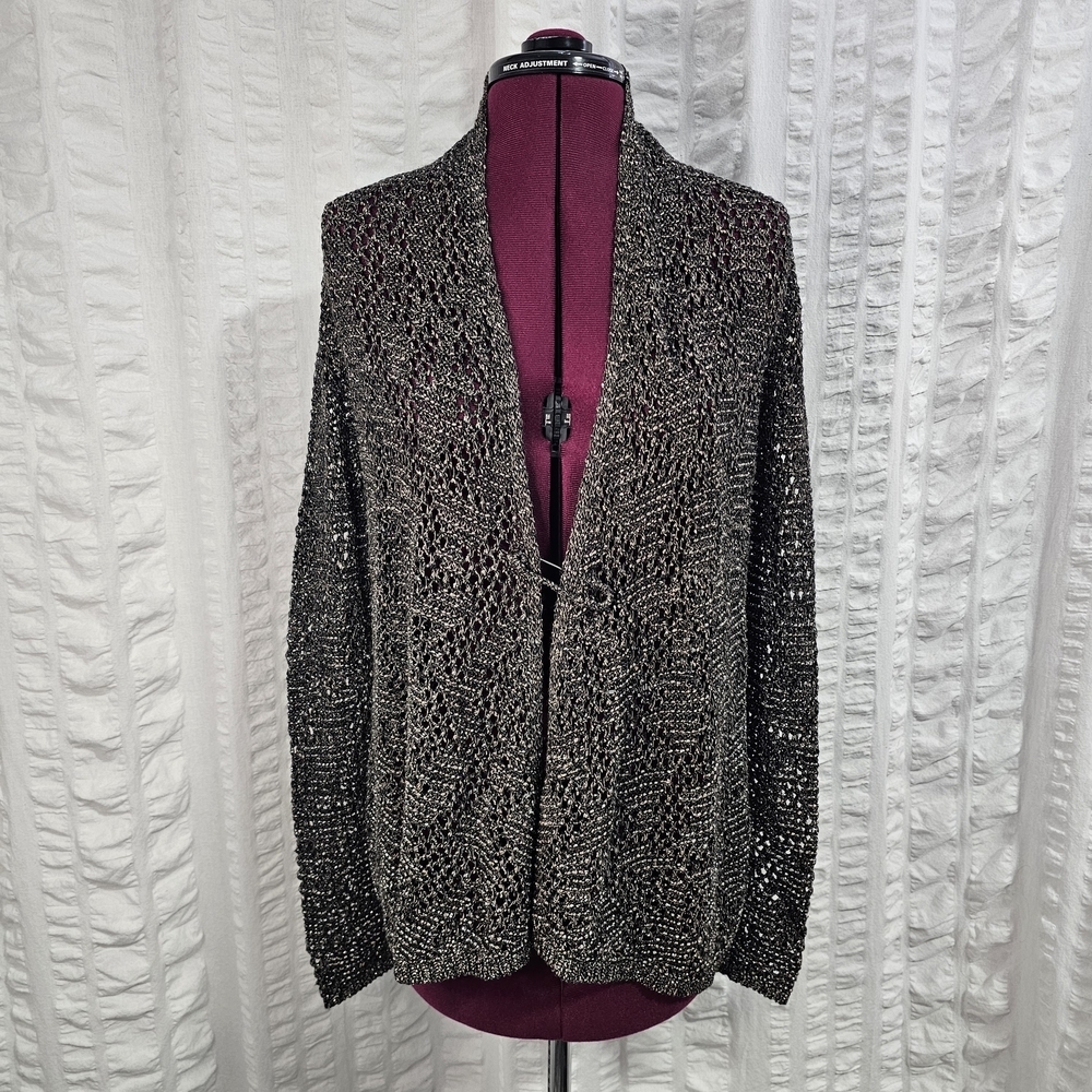 Eileen Fisher Cotton Linen Blend Open-Front Metallic Open Knit Cardigan Pin Clip
